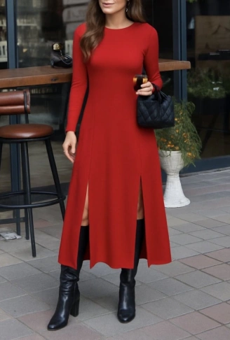 Kadın Uzun Kollu Hafif Kayık Yaka Sırt Dekolteli Yırtmaç Detaylı Viskon Tam Boy Elbise