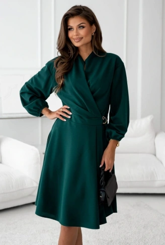 Kadın Uzun Kollu Hakim V Yakalı Yandan Toka Detaylı Ithal Mini Krep Elbise