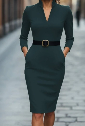 Kadın Uzun Kollu Hakim Yaka Beli Kemerli Cepli Midi Ithal Krep Elbise