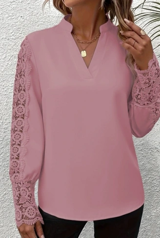 Kadın Uzun Kollu Hakim Yaka Kolları Dantel Detaylı Ithal Krep Bluz