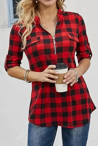 Kadın Uzun Kollu Hakim Yaka Yakadan Fermuarlı Geometrik Desenli Süprem Bluz