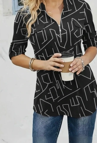 Kadın Uzun Kollu Hakim Yaka Yakadan Fermuarlı Geometrik Desenli Süprem Bluz