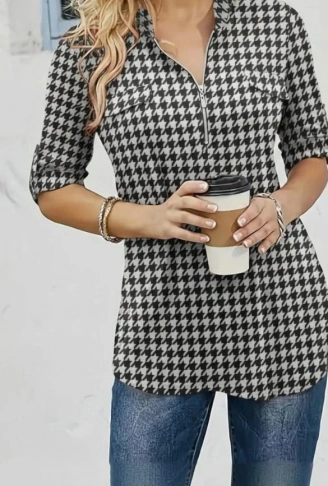 Kadın Uzun Kollu Hakim Yaka Yakadan Fermuarlı Geometrik Desenli Süprem Bluz