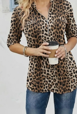 Kadın Uzun Kollu Hakim Yaka Yakadan Fermuarlı Geometrik Desenli Süprem Bluz