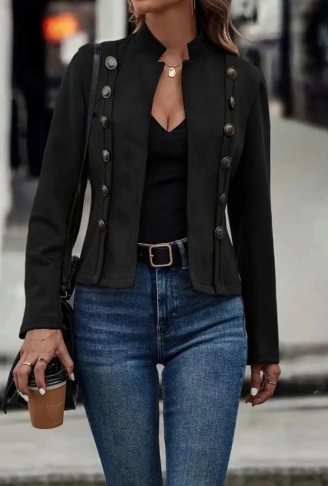 Kadın Uzun Kollu Hakim Yaka Yanlardan Düğmeli Kısa Süet Ceket