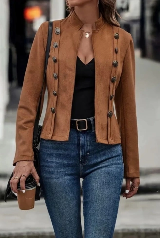 Kadın Uzun Kollu Hakim Yaka Yanlardan Düğmeli Kısa Süet Ceket