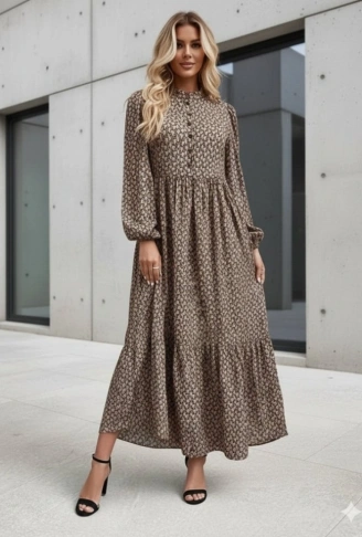 Kadın Uzun Kollu Hakim Yakalı Düğmeli Kemersiz Desenli Maxi Süprem Elbise