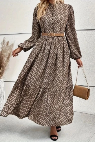 Kadın Uzun Kollu Hakim Yakalı Düğmeli Kemersiz Desenli Maxi Süprem Elbise