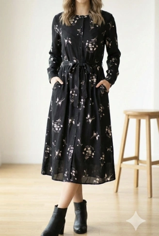 Kadın Uzun Kollu Hakim Yakalı Düğmeli Kuşaklı Desenli Maxi Mikro Süprem Elbise