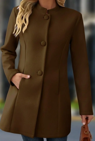 Kadın Uzun Kollu Hakim Yakalı önden Düğmeli Cep Detaylı Kısa Taba Kaşe Kaban