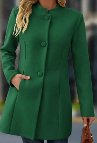 Kadın Uzun Kollu Hakim Yakalı önden Düğmeli Cep Detaylı Kısa Taba Kaşe Kaban