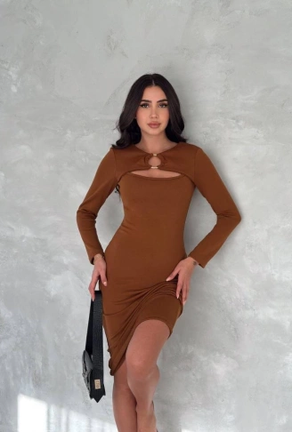 Kadın Uzun Kollu Halka Ve Pencere Dekolte Detay Fırsat ürün Midi Boy Elbise