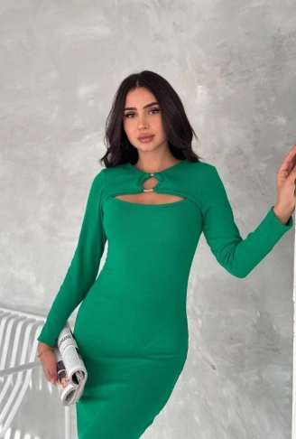 Kadın Uzun Kollu Halka Ve Pencere Dekolte Detay Fırsat ürün Midi Boy Elbise