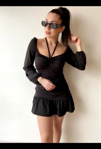 Kadın Uzun Kollu Halter Yaka Detay Mini Elbise