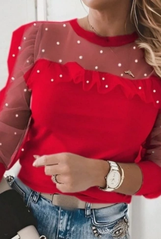 Kadın Uzun Kollu Inci Detaylı Tüllü Viskon Bluz