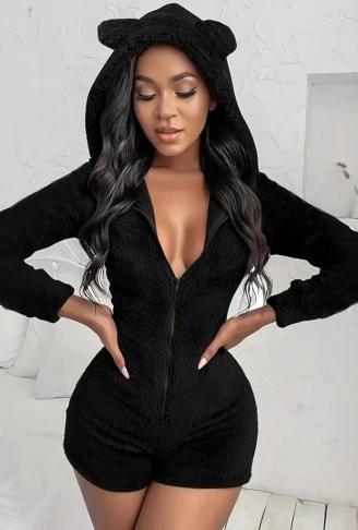 Kadın Uzun Kollu Kapişon Ve Fermuar Detaylı Peluş şort Tulum