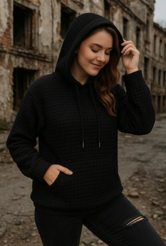 Kadın Uzun Kollu Kapşonlu Bağcıklı Cepli Capitone Sweatshirt