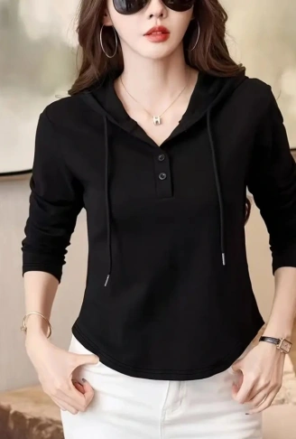 Kadın Uzun Kollu Kapşonlu Bağcıklı Düğmeli Viskon Iki Iplik Bluz