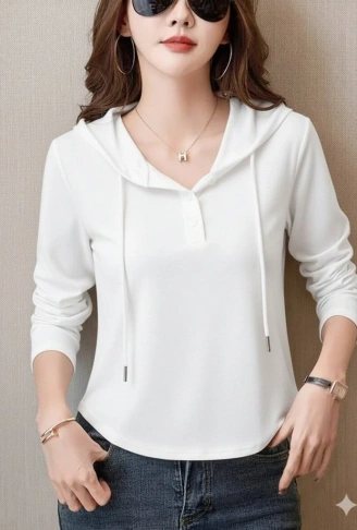 Kadın Uzun Kollu Kapşonlu Bağcıklı Düğmeli Viskon Iki Iplik Bluz