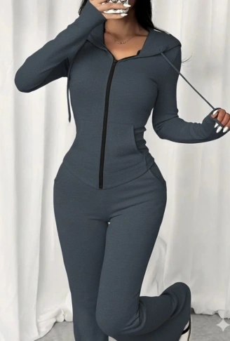 Kadın Uzun Kollu Kapşonlu Bağcıklı önü Fermuarlı Viskon Iki Iplik Bluz Ve Pantolon Ikili Takım