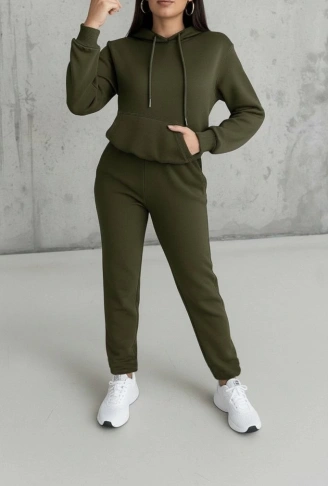 Kadın Uzun Kollu Kapşonlu Bağcıklı üç Iplik Bluz Ve Pantolon Ikili Takım