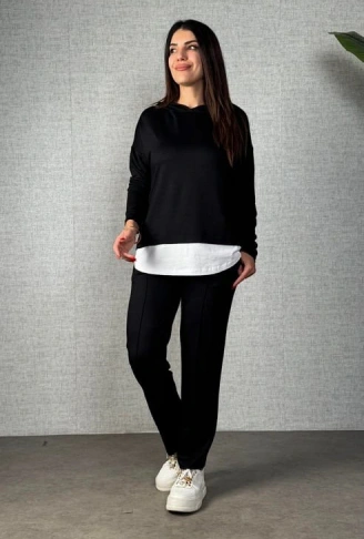 Kadın Uzun Kollu Kapşonlu Bağcıklı Viskon Iki Iplik Bluz Ve Pantolon Ikili Takım