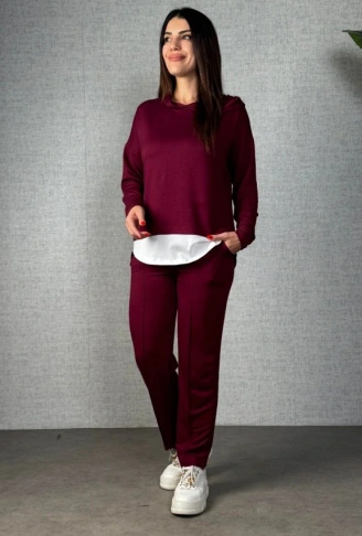 Kadın Uzun Kollu Kapşonlu Bağcıklı Viskon Iki Iplik Bluz Ve Pantolon Ikili Takım