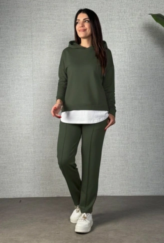 Kadın Uzun Kollu Kapşonlu Bağcıklı Viskon Iki Iplik Bluz Ve Pantolon Ikili Takım