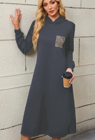 Kadın Uzun Kollu Kapşonlu Cep Detaylı Viskon Iki Iplik Maxi Elbise