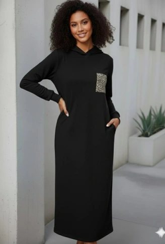 Kadın Uzun Kollu Kapşonlu Cep Detaylı Viskon Iki Iplik Maxi Elbise