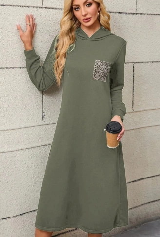 Kadın Uzun Kollu Kapşonlu Cep Detaylı Viskon Iki Iplik Maxi Elbise