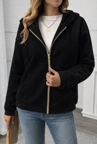 Kadın Uzun Kollu Kapşonlu Fermuarlı önden Cep Detaylı şardonlu Iki Iplik Ceket