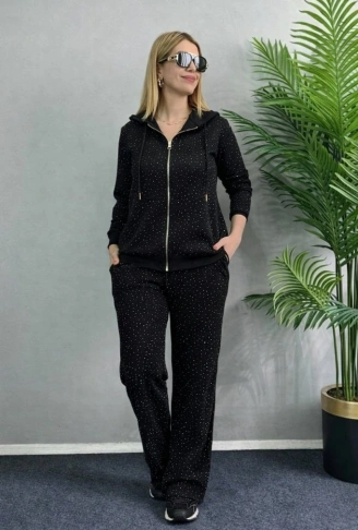 Kadın Uzun Kollu Kapşonlu Fermuarlı Taşlı önü Fermuarlı Viskon Iki Iplik Bluz Ve Eşofman Altı Ikili Takım