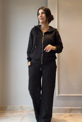 Kadın Uzun Kollu Kapşonlu Fermuarlı Taşlı önü Fermuarlı Viskon Iki Iplik Bluz Ve Eşofman Altı Ikili Takım