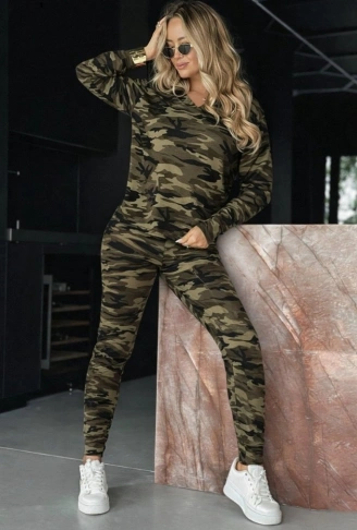 Kadın Uzun Kollu Kapşonlu Kamuflaj Desenli Bluz Ve Pantolon Tayt Ikili Takım