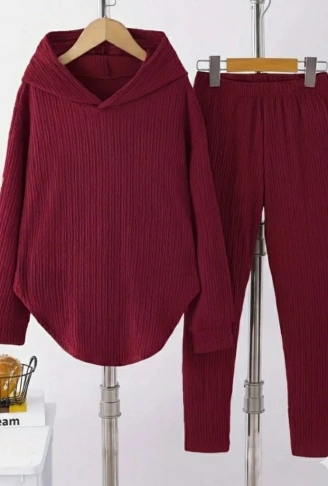 Kadın Uzun Kollu Kapşonlu Meloni Bluz Ve Pantolon Ikili Takım