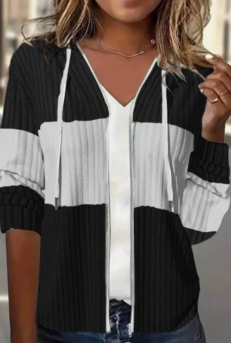 Kadın Uzun Kollu Kapşonlu önden Fermuarlı Blok Desenli şardonlu Kaşkorse Ceket