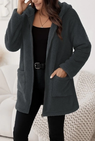 Kadın Uzun Kollu Kapşonlu önden Fermuarlı Cepli Welsoft Ceket