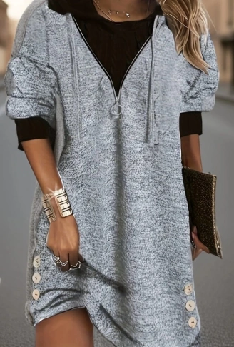 Kadın Uzun Kollu Kapşonlu önden Fermuarlı Düğmeli Mini Iki Iplik Elbise