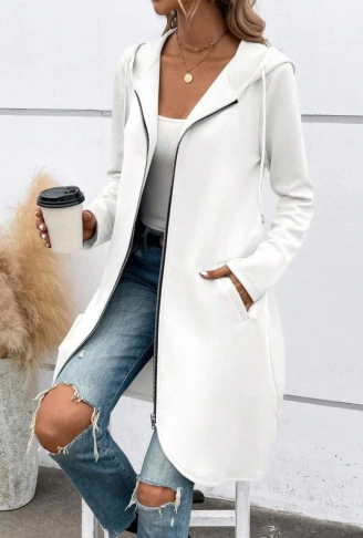 Kadın Uzun Kollu Kapşonlu önden Fermuarlı Midi Dalgıç Ceket