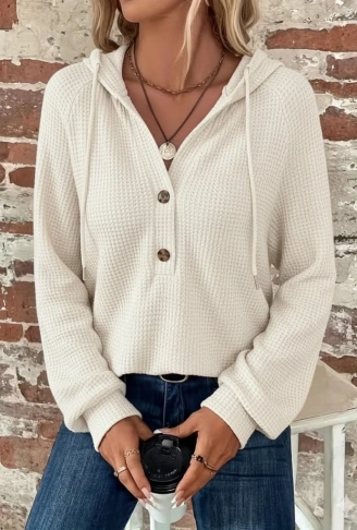 Kadın Uzun Kollu Kapşonlu önü Düğmeli Ve Bağcıklı Waffle Bluz
