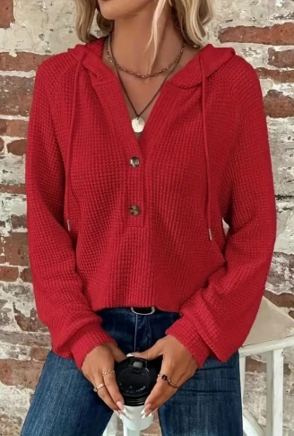 Kadın Uzun Kollu Kapşonlu önü Düğmeli Ve Bağcıklı Waffle Bluz