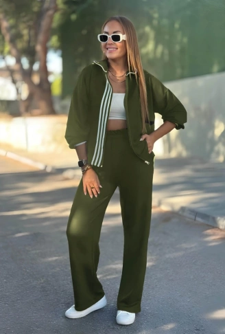 Kadın Uzun Kollu Kapşonlu Onu şerit Detaylı Fermuarlı Viskon Iki Iplik Bluz Ve Pantolon Ikili Takım