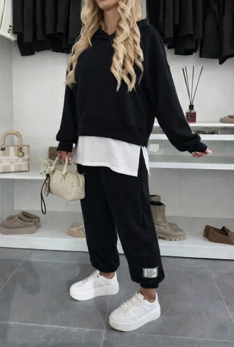 Kadın Uzun Kollu Kapşonlu Viskon Iki Iplik Bluz Ve Pantolon Ikili Takım