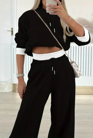 Kadın Uzun Kollu Kapşonlu Viskon Iki Iplik Bluz Ve Pantolon Ikili Takım