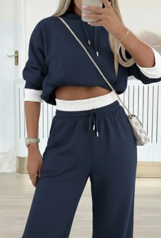 Kadın Uzun Kollu Kapşonlu Viskon Iki Iplik Füme Bluz Ve Pantolon Ikili Takım