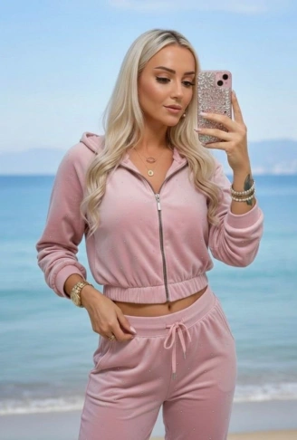 Kadın Uzun Kollu Kapüşon Ve Taş Işleme Detay Kadife Kumaş Ceket Pantolon Ikili Takım