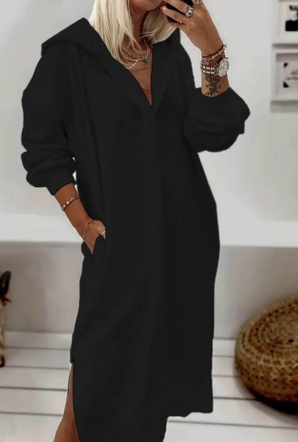 Kadın Uzun Kollu Kapüşonlu Yakası Açık Modal Elbise