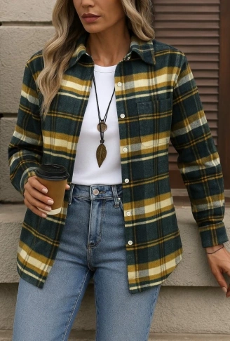 Kadın Uzun Kollu Kare Desenli önden Düğmeli Dokuma Gömlek