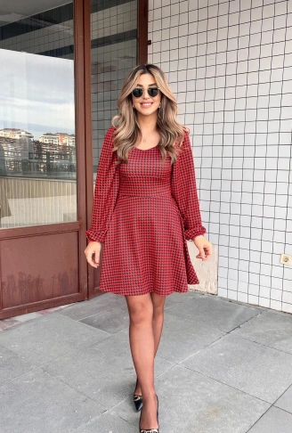Kadın Uzun Kollu Kare Kalp Yakalı Mini Modal Elbise